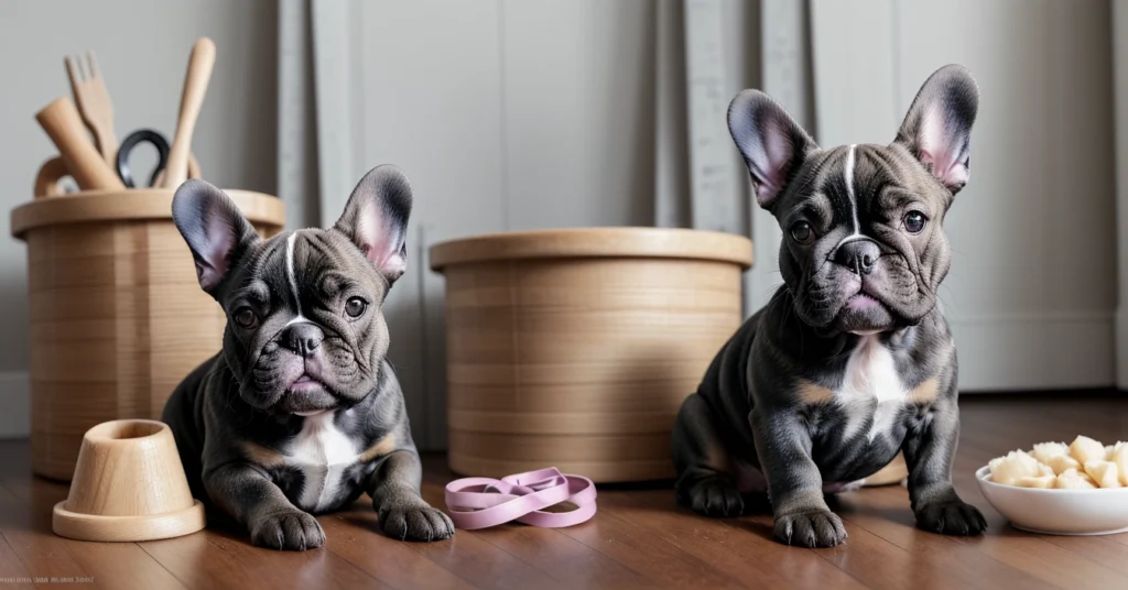 French Bulldog puppy surrounded by essential puppy supplies in a home environment